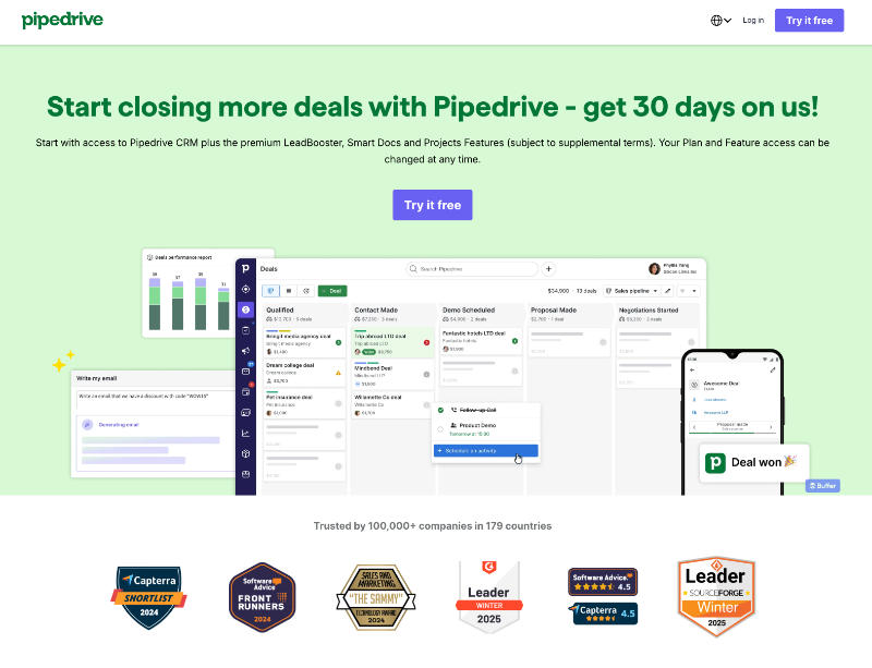 Screenshot of Pipedrive's 30-day free trial page